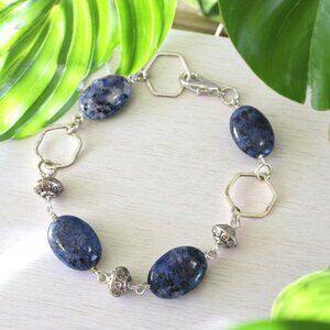 Silver Sodalite Bracelet, Geometric Hexagon Chain